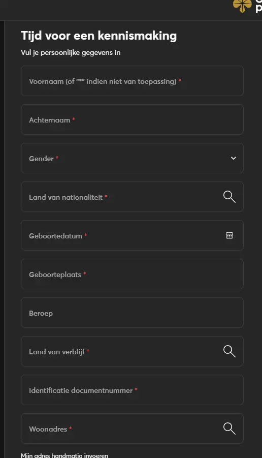 Snel formulier om een spelersaccount aan te maken
